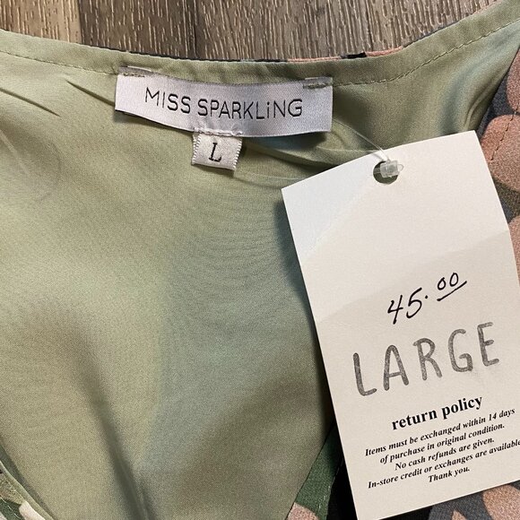 NWT Miss Sparkling Abstract Wrap Dress Size Large Green Pastel Colorful - Picture 2 of 7